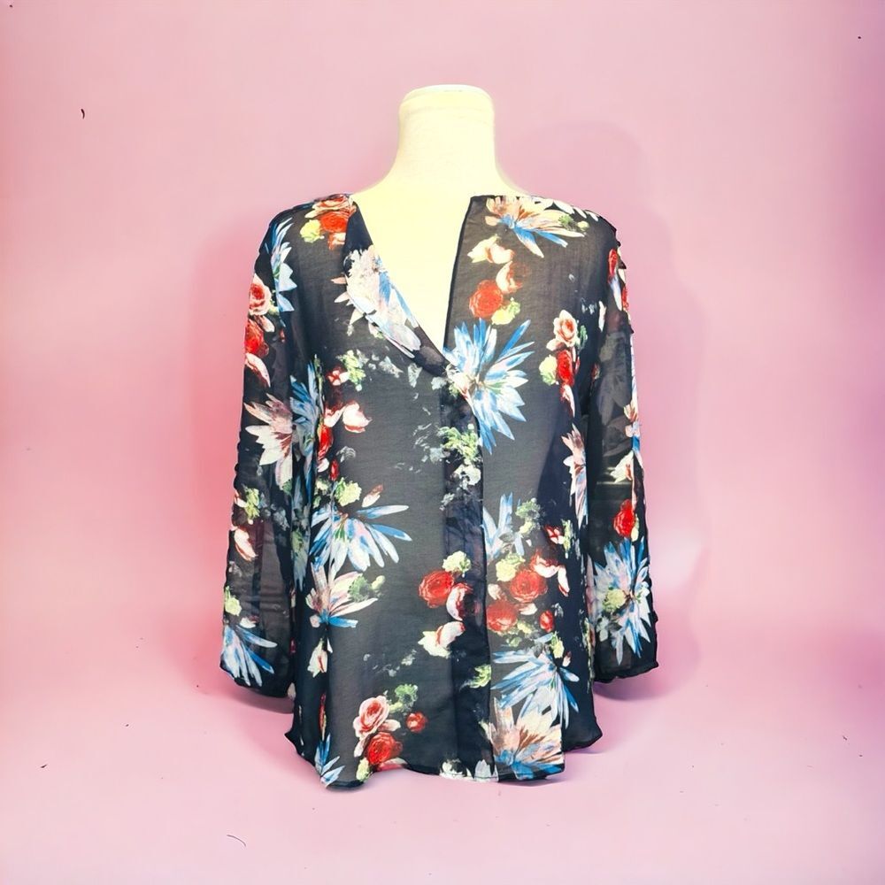 PHILOSOPHY Floral Print over Black Sheer Long Sleeve Boho Top Tunic Sz M